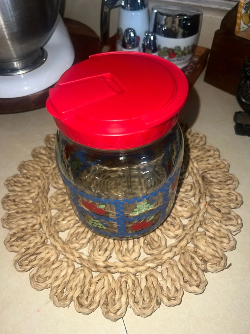 Sun Tea - Vintage Red-Lid Glass Storage Jar with Blue Check & Fruit Motif -